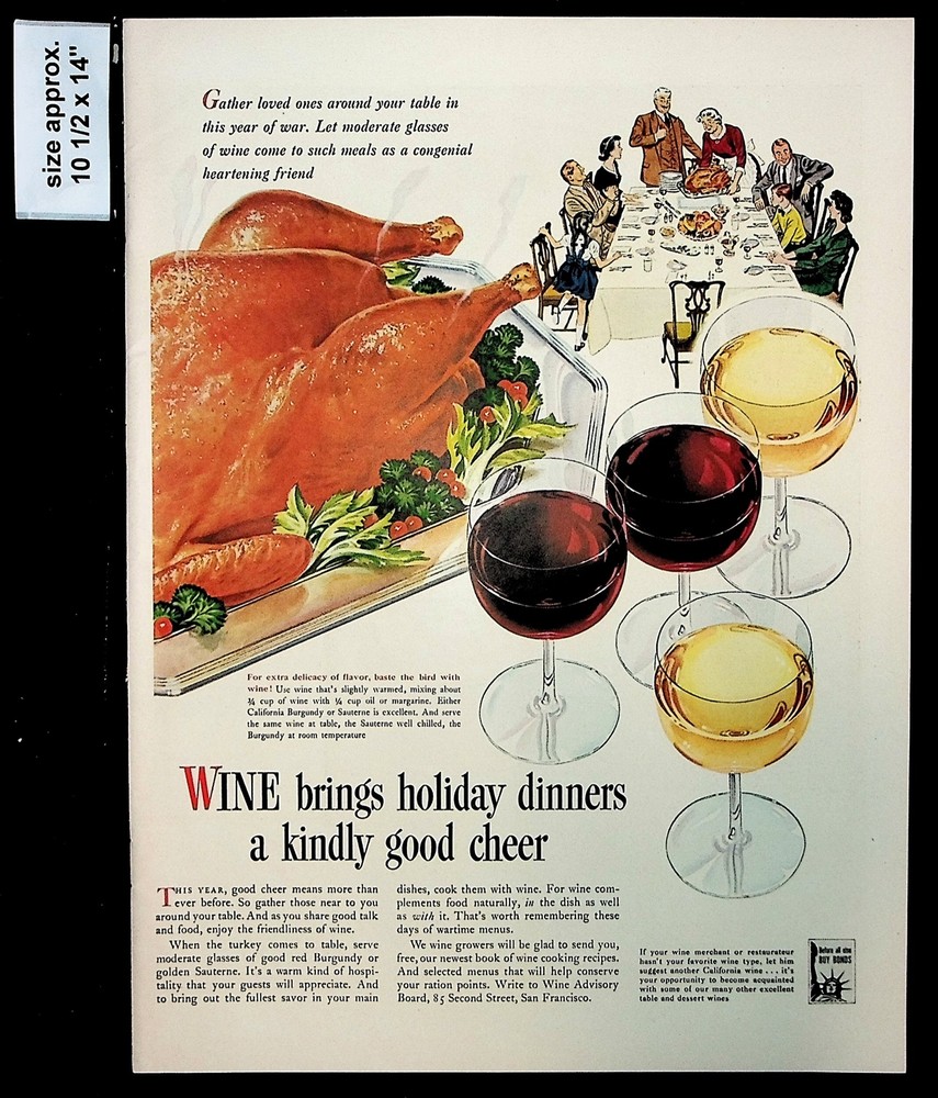 1943 Wine Advisory Board California Wines War Glasses Vintage Print Ad 38234