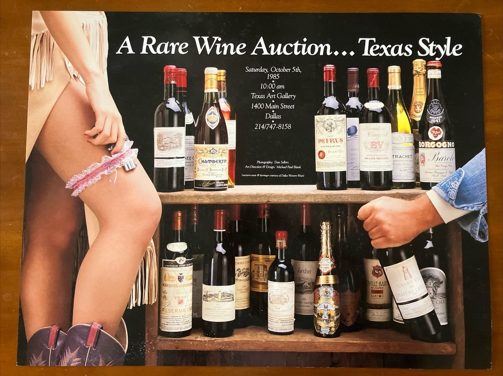 RARE VINTAGE TEXAS WINE AUCTION PROMO POSTER A Rare Wine Auction… Texas Style 85