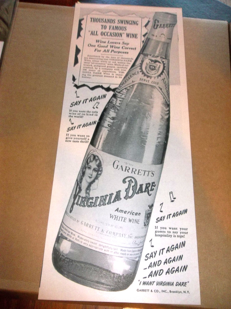 1943 Large 5 x 13 Advertisement Virginia Dare Wine W/COA