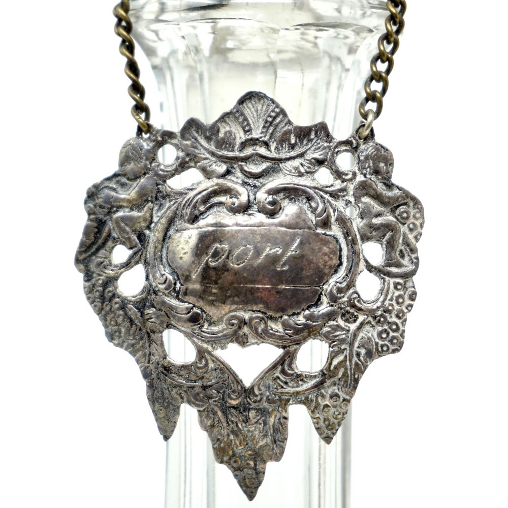 Port Wine Label Silver Diecast Bottle Ticket Decanter Label Chain Grape Cherubs