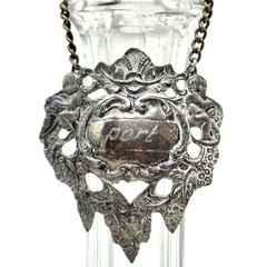 Port Wine Label Silver Diecast Bottle Ticket Decanter Label Chain Grape Cherubs