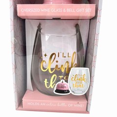NIB OVERSIZED 30 OZ WINE GLASS & PINK RING BELL CLINK TO THAT WINE GIFT SET
