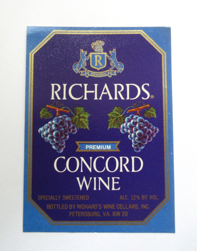 Vintage Unused Richards Concord Wine Label Petersburg VA Original 1950s USA