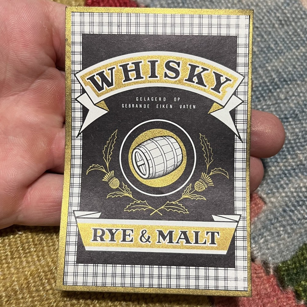 Vintage 60s 70s Whisky Rye & Malt Bottle Label Black & Gold Barrel Graphic Rare
