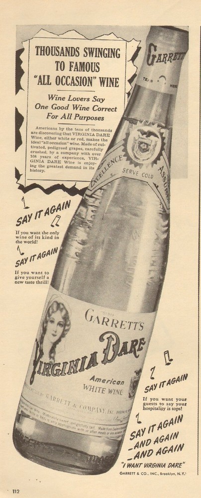 1945 vintage beverage AD VIRGINIA DARE American White Wine Garrett&rsquo;s 100416