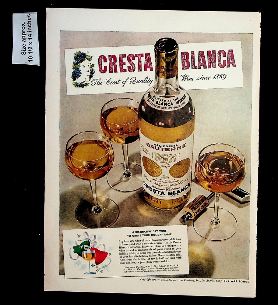 1944 Cresta Blanca California Sauterne Dry Wine Holiday Vintage Print Ad 35091