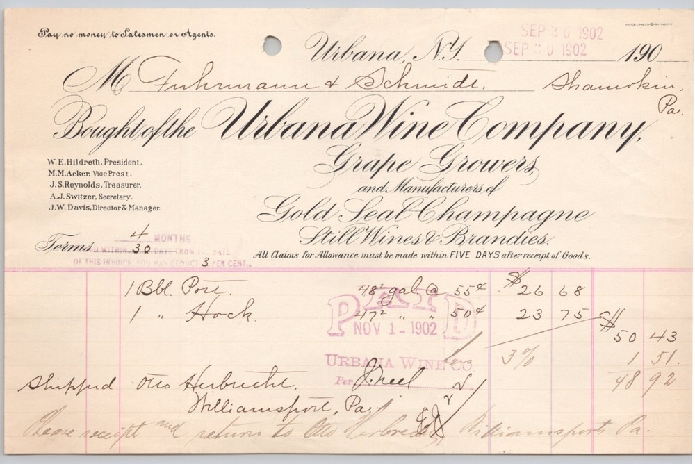 1902 Urbana Wine Co Urbana NY Champagne & Still Wines Producer Billhead BH2-19