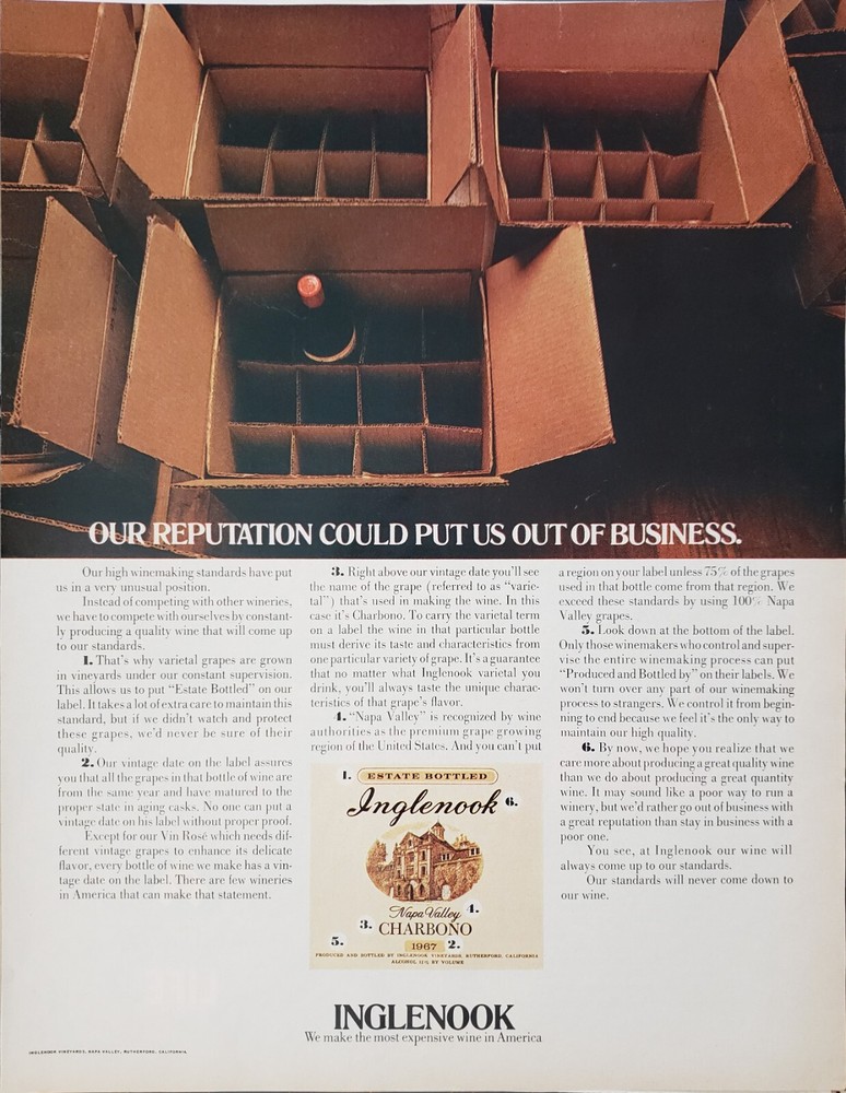 1970 Inglenook Wine Nappa Valley Charbono Vintage Print Ad