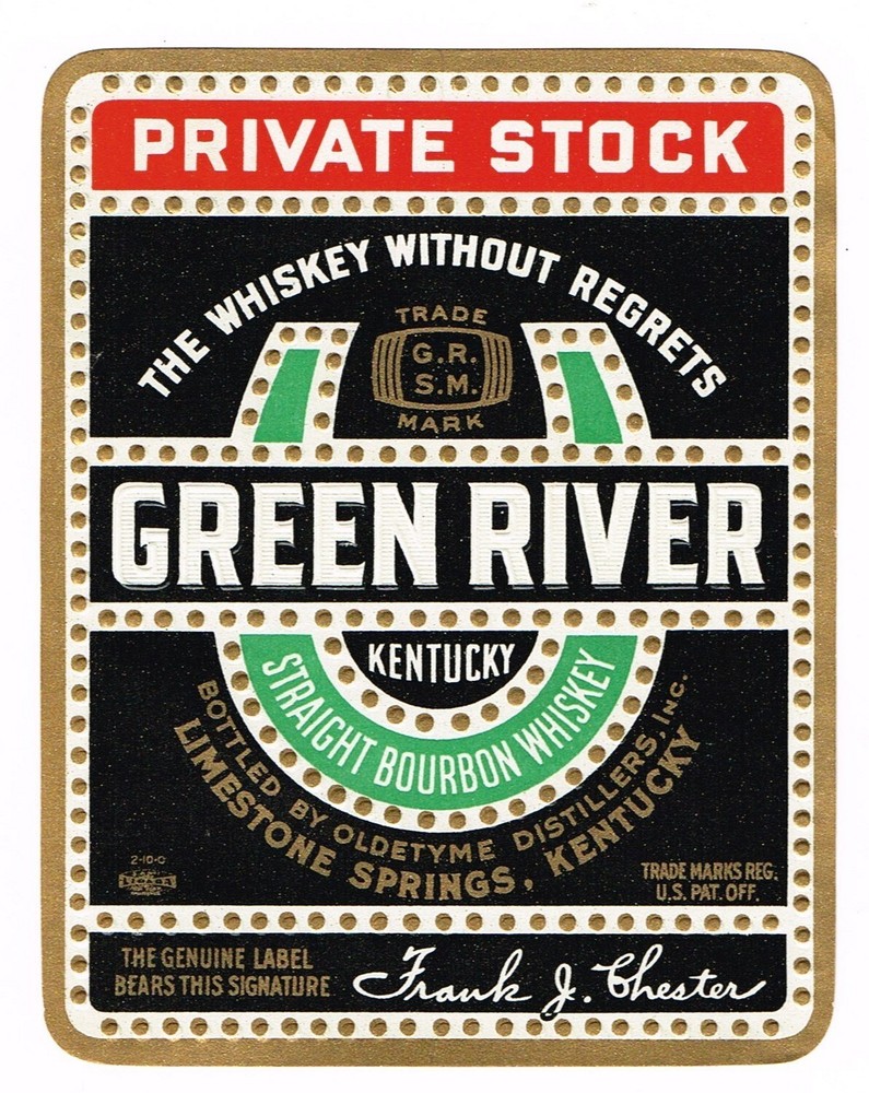 C1940 WHISKEY BOTTLE LABEL GREEN RIVER LIMESTONE SPRINGS KENTUCKY PRIVATE STOCK