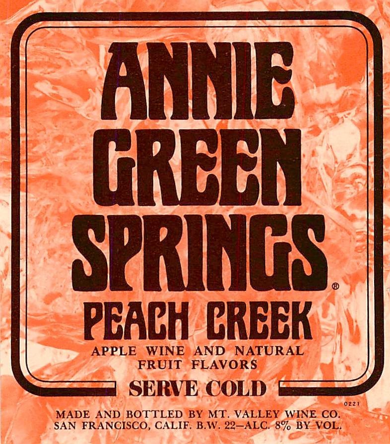 Annie Green Springs Peach Creek Mt Valley SF CA 1970s 1980s Vtg Wine Label