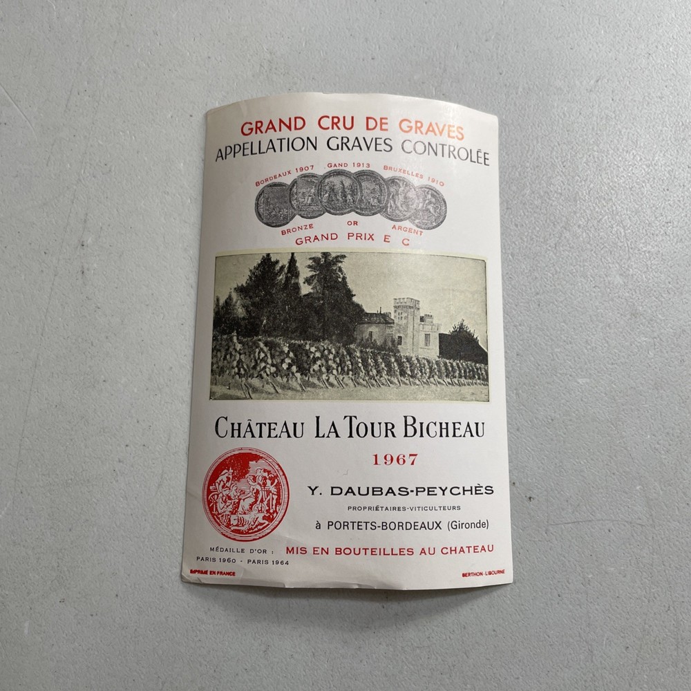 Vintage Wine Bottle Label — Chateau La Tour Bischeau 1967 Daubas-Peyches Graves