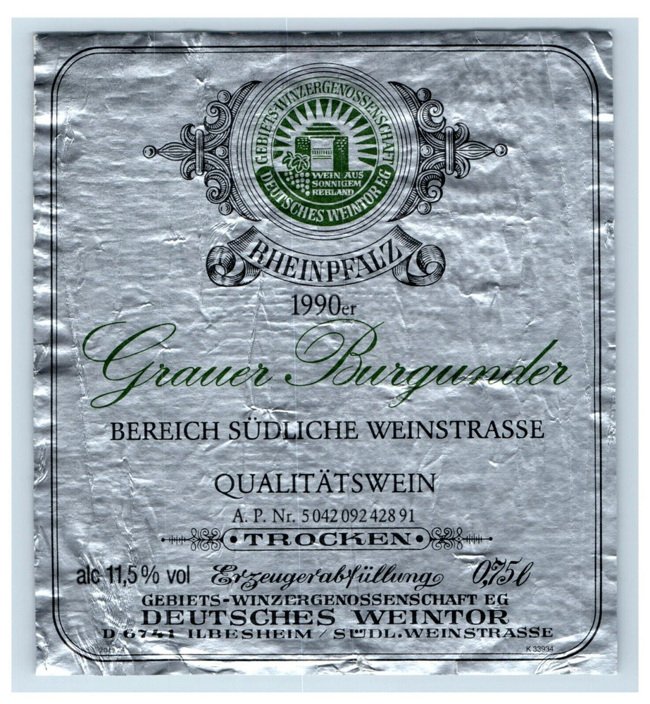 1970&rsquo;s-80&rsquo;s Rheinpfalz Grauer Trocken German Wine Label Original S18E