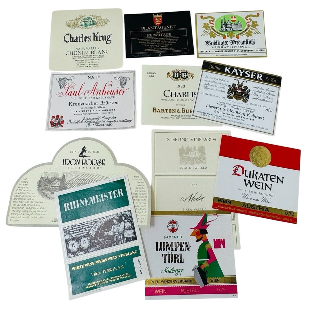 11 VINTAGE WINE LABELS FROM EUROPE & DOMESTIC, FROM 1976 – 1983 & SOME UNDATED
