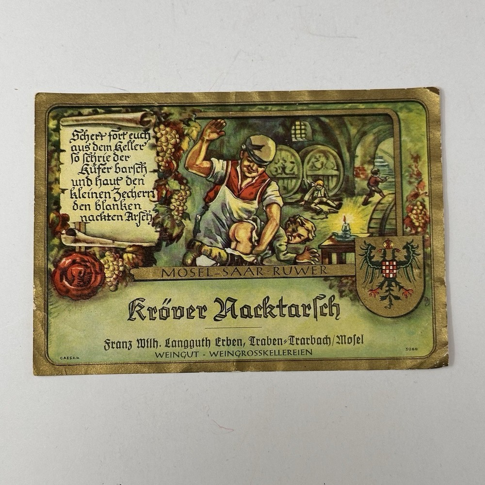 Germany Wine Bottle Label VTG Kröver Nacktarsch Adolph Huesgen GERMAN Rectangle