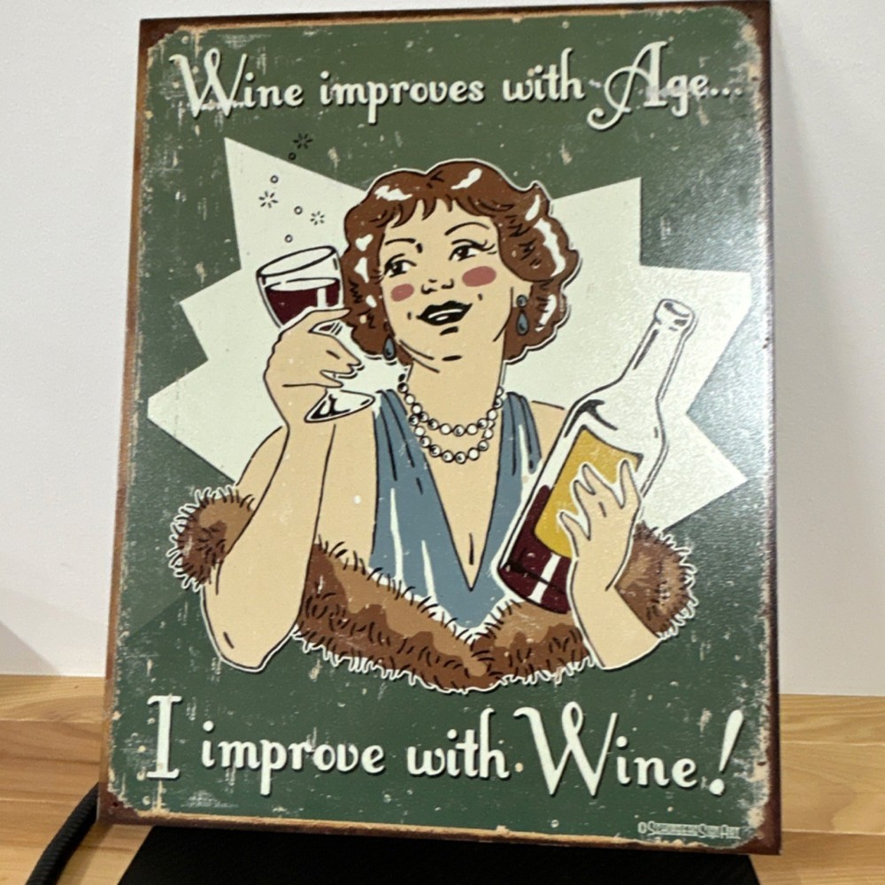 Schonberg Wine Improves With Age Metal Sign Green Brown White Blue Collectible