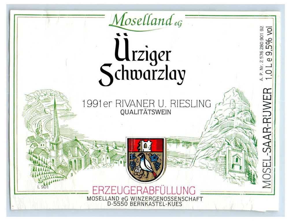 1970&rsquo;s-80&rsquo;s Moselland Urziger Schwarzlay German Wine Label Original S18E