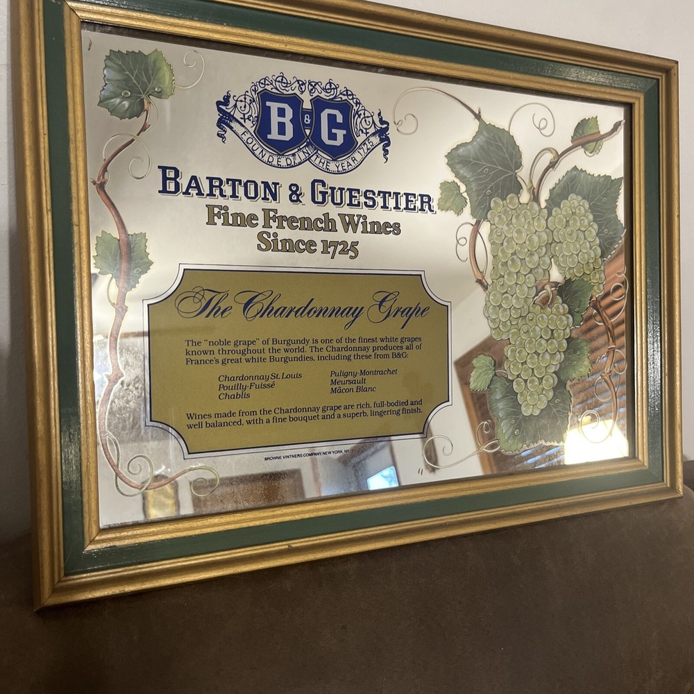 VTG B & G BARTON & GUESTIER « Fine French Wines » WOOD FRAMED MIRROR SIGN 20.5×15&Prime;