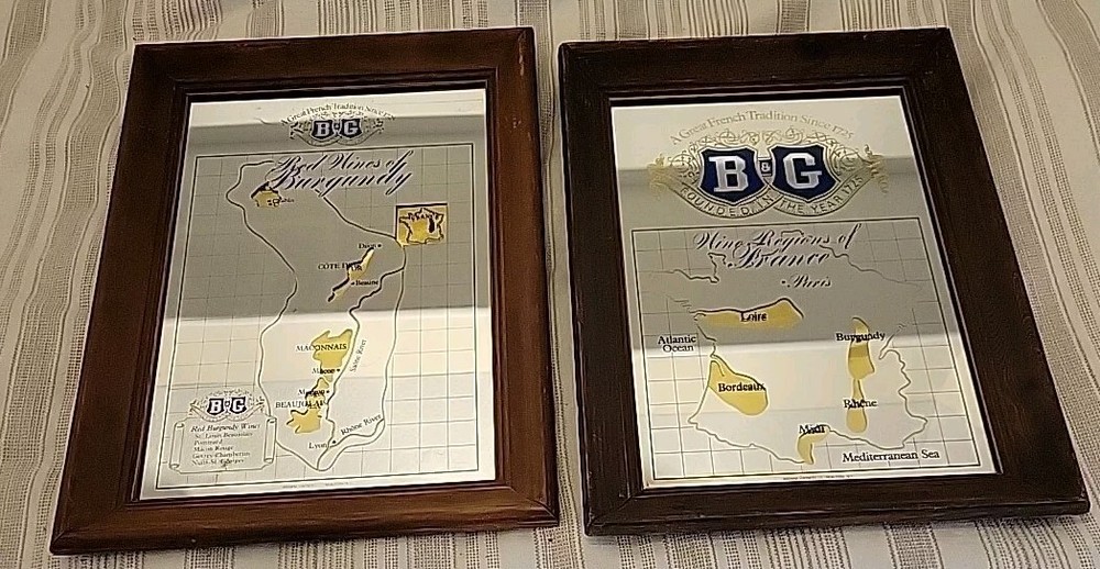 Pair Of B & G WINE BAR MIRRORS WINES OF BURGUNDY/WINE REGIONS OF FRANCE RARE VTG