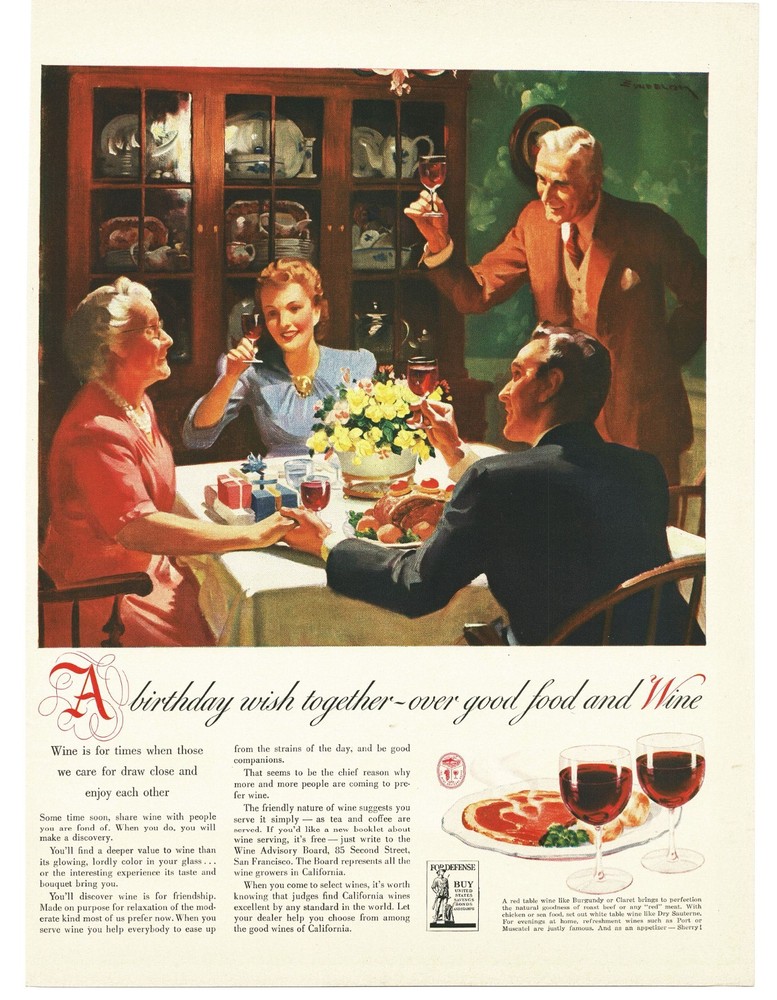 1942 California Wine Advisory Board WW2 Print Ad Family Birthday Defense Bonds