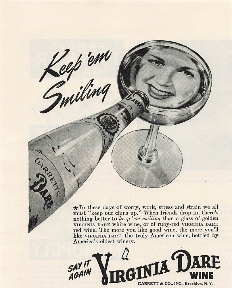 Garretts Virginia Dare Wine Print Ad Vintage Ad Brooklyn NY Keep em Smiling 1943