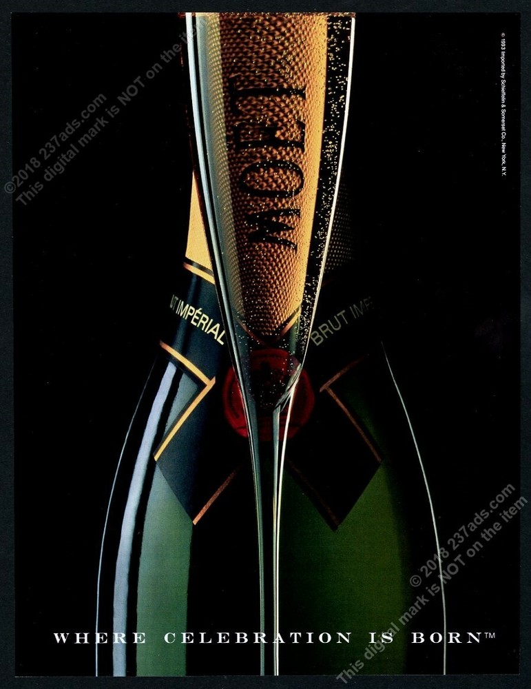 1994 Moet & Chandon Brut Imperial champagne bottle glass photo vintage print ad