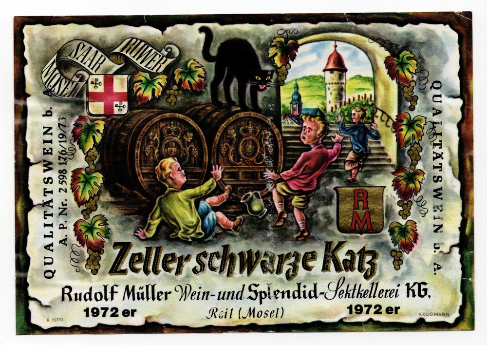 1972 – Zeller Schawrze Katz Black Cat Rudolf Muller Wine Label – XL1i