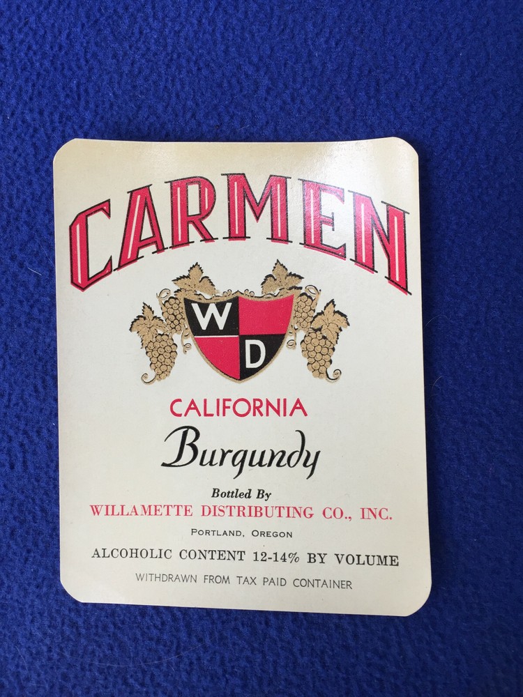 OLD vintage ORIGINAL alcohol WINE bottle LABEL california CARMEN burgundy OREGA
