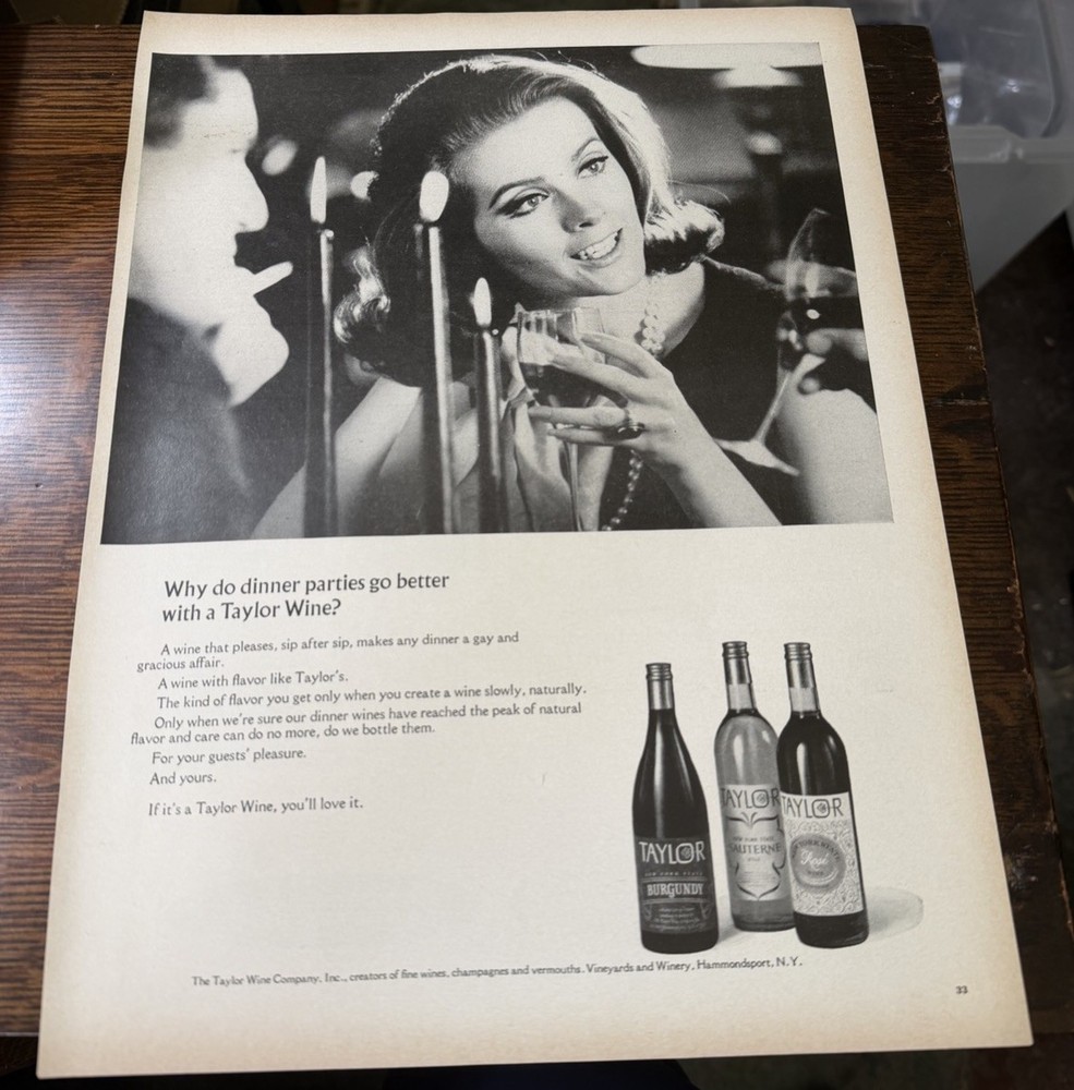 1966 TAYLOR WINE Woman holding a wine glass – Vintage Magazine Ad