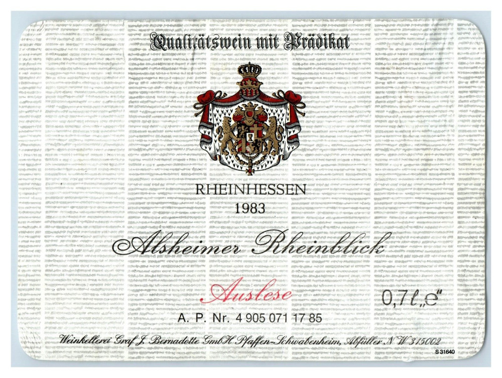 1983 Alsheimer Rheinblick Graf J. Bernadotte German Wine Label Original S9