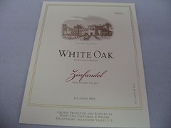 2001 White Oak Zinfandel Wine Label Alexander Valley CA Estate Bottled