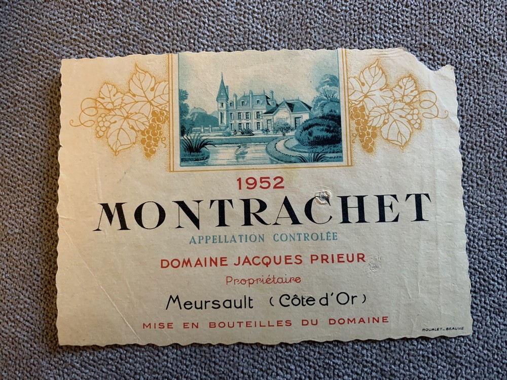 vintage wine labels “Montrachet 1952” “Corton-Charlemagne 1955”