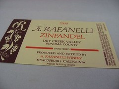A. Rafanelli 2000 Zinfandel Wine Label Dry Creek Valley Sonoma Unfiltered