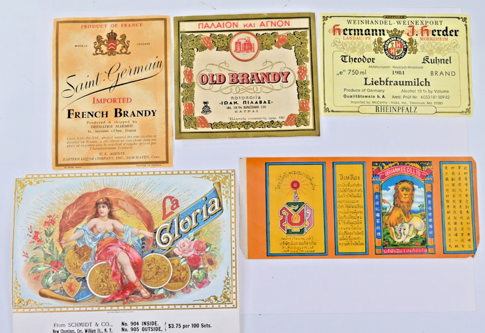 Vintage Liquor Wine Bottle Labels Lot French German Greek Thai mixed lot