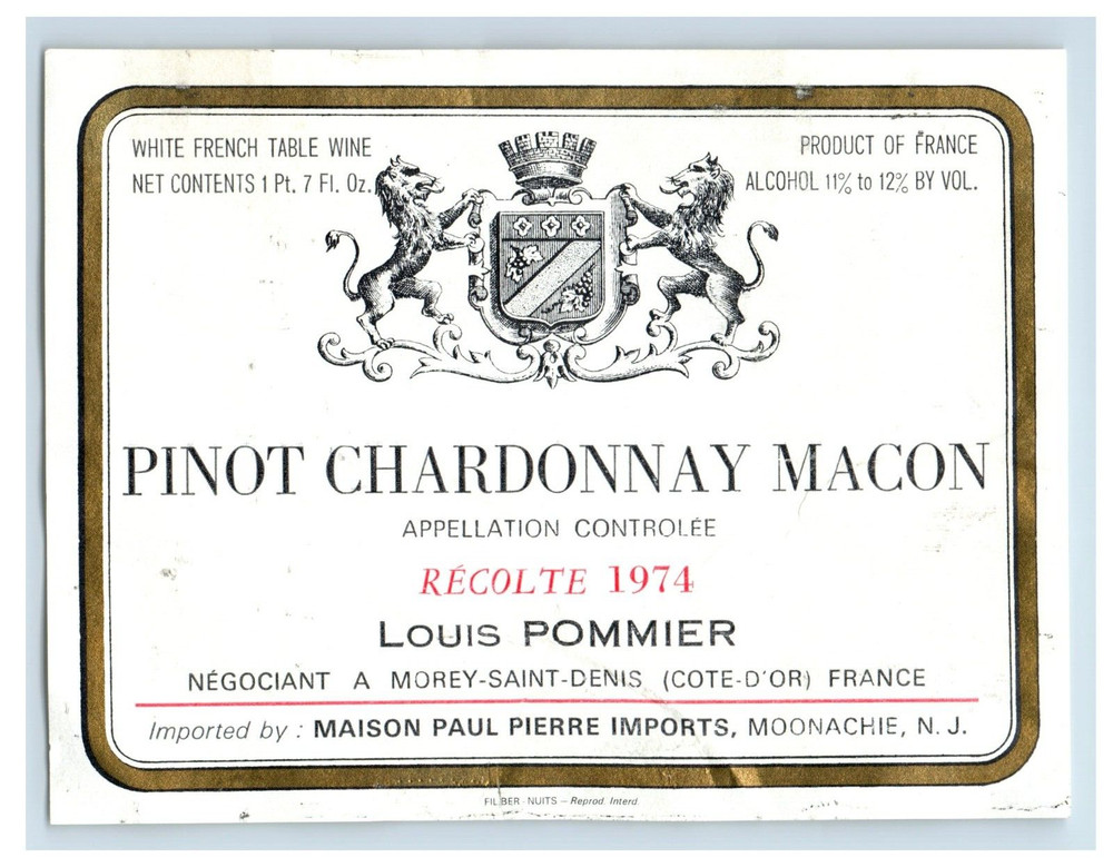 1974 Pinot Chardonnay Macon French Wine Label S98E