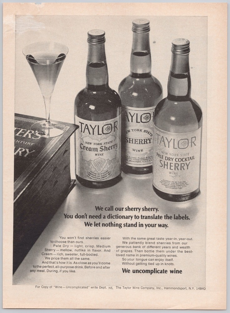 1969 Taylor New York State Sherry Vintage Print Ad Cream & Pale Dry Wine