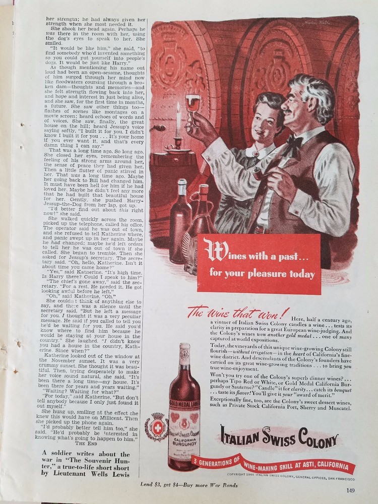 1943 Italian Swiss Colony Wine Gold Medal Label California Burgundy Ad