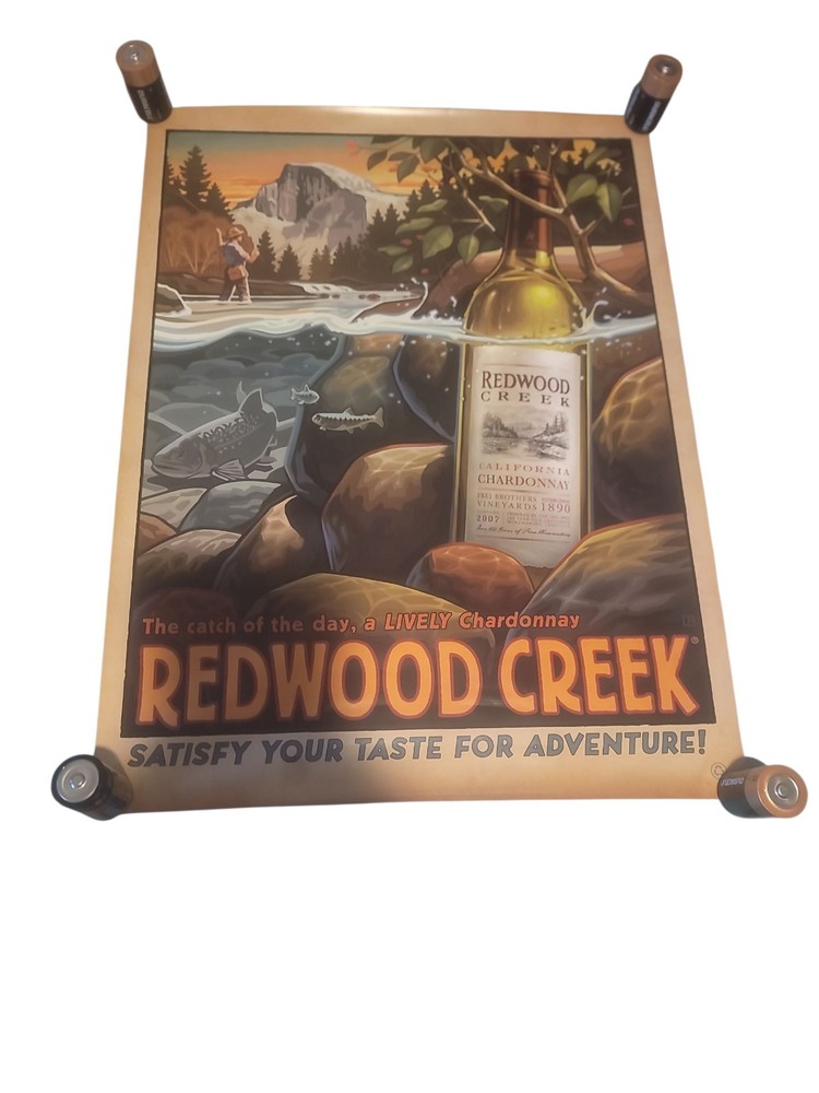 vintage chardonnay wine print REDWOOD CREEK poster ad yosemite fly fishing