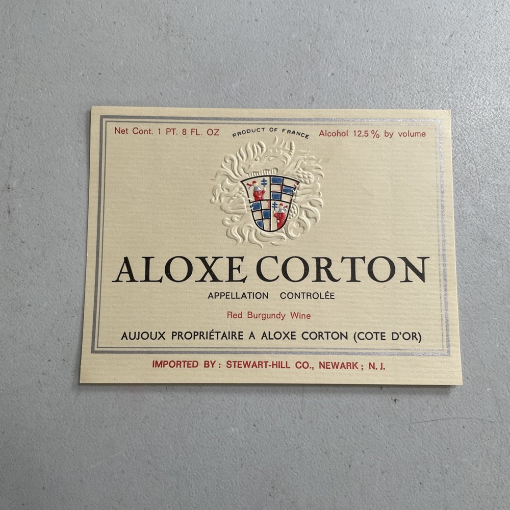 Vintage Wine Bottle Label — Aloxe Corton Red Burgundy Aujoux France