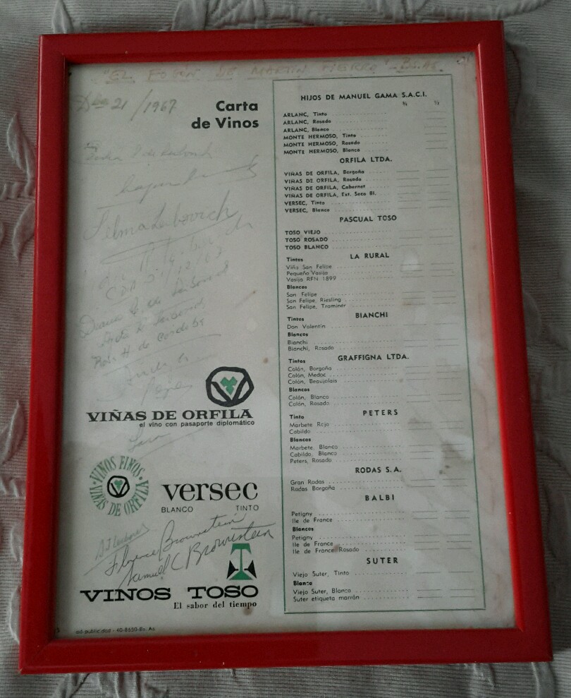 Carta de Vinos Dec 21 1967 Framed Wine List Vinos Orfila Toso Versec Signed Red