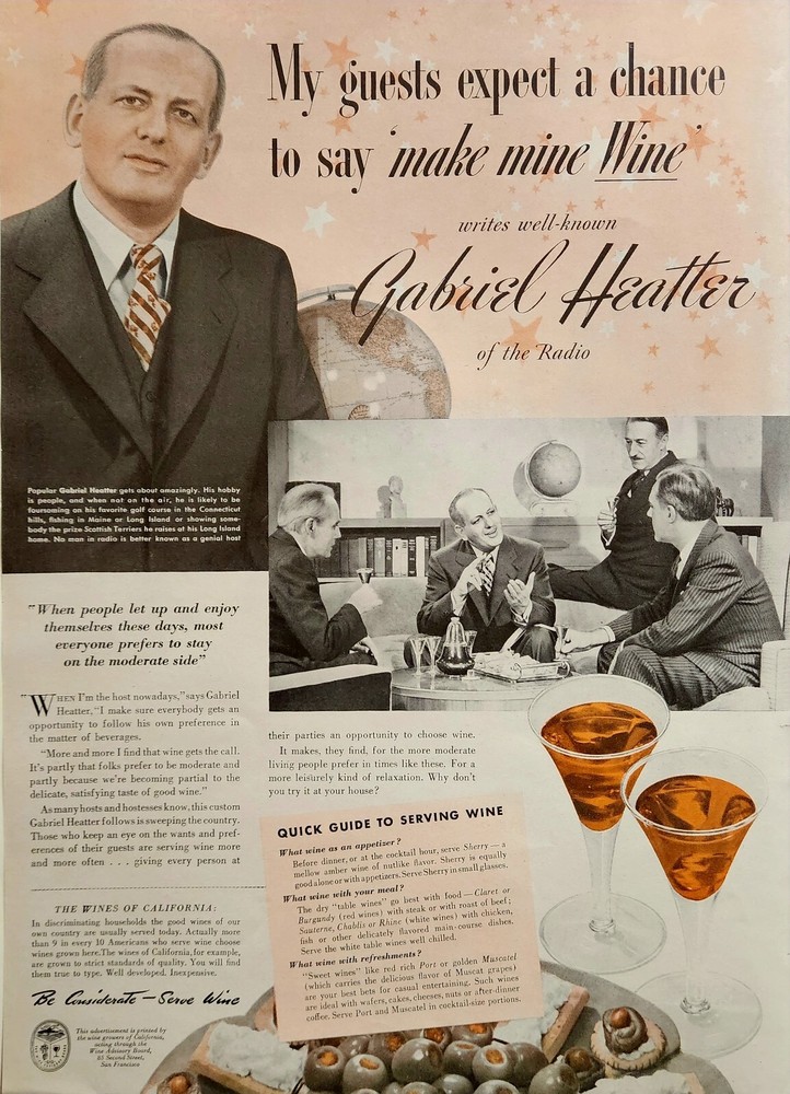 1946 California Wines Gabriel Heatter Print Ad Ephemera Wall Art Decor