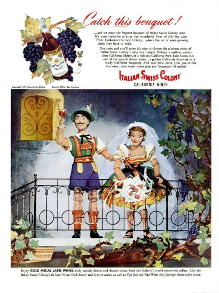 1947 Italian Swiss Colony PRINT AD Wine Fun Decor Illust. Marionette Newlyweds