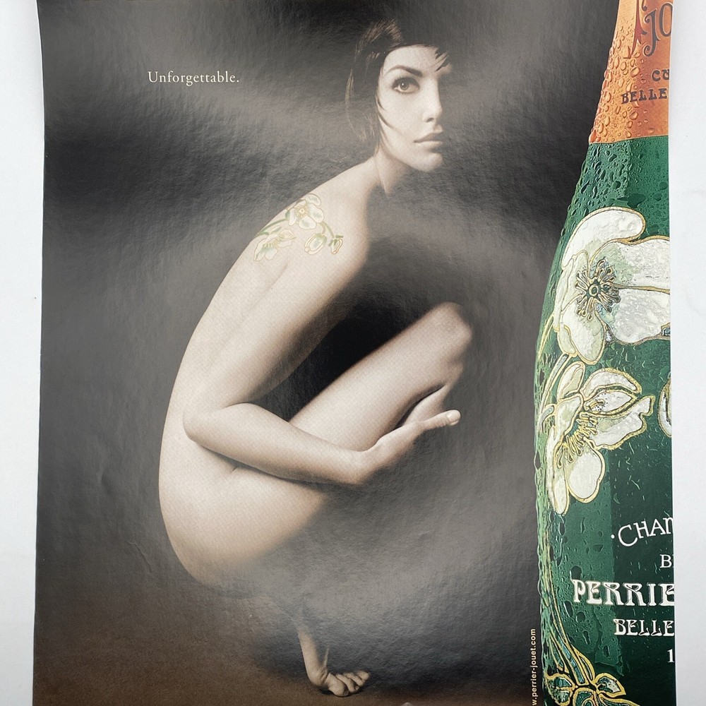 2001 Perrier Jouet Champagne PRINT AD Nude Brunette Woman Crouching Tattoo
