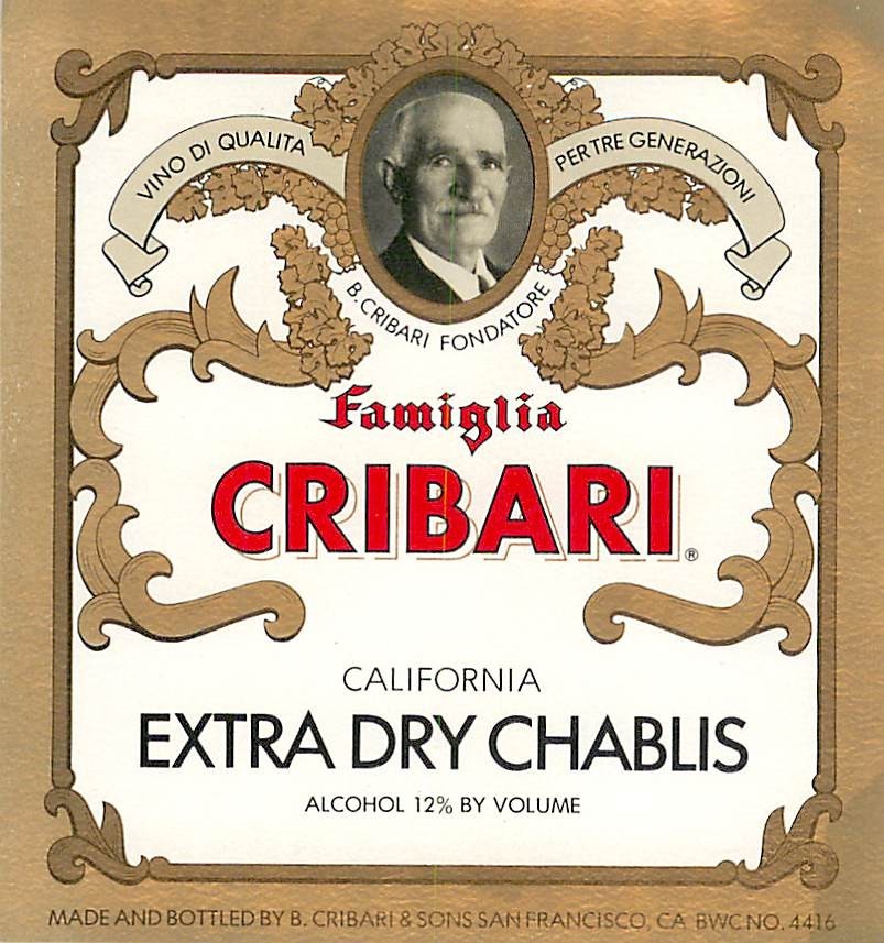 Famiglia Cribari Extra Dry Chablis San Francisco CA 1970s 1980s Vtg Wine Label