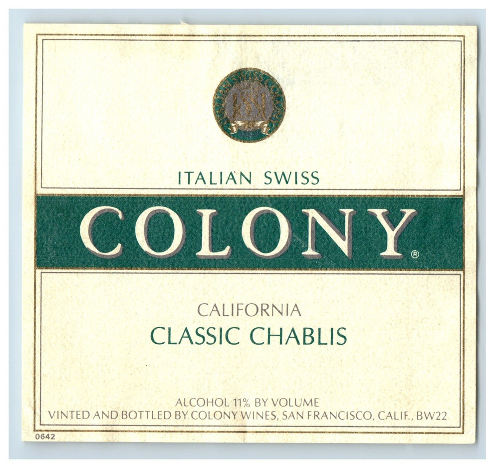 Vintage Colony California Classic Chablis Paper Bottle Label Original S82E