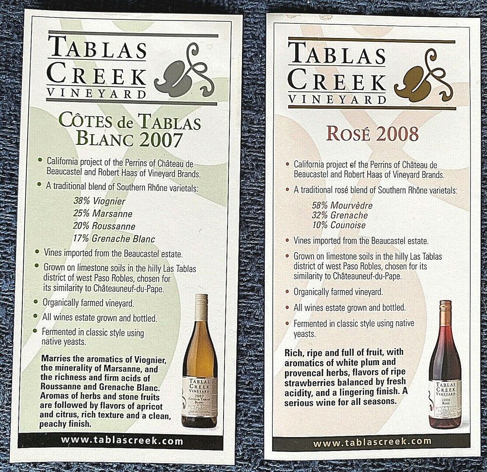 Tablas Creek Vineyard Paso Robles CA 2008 Rose 2007 Cotes de Tablas Blanc Ads
