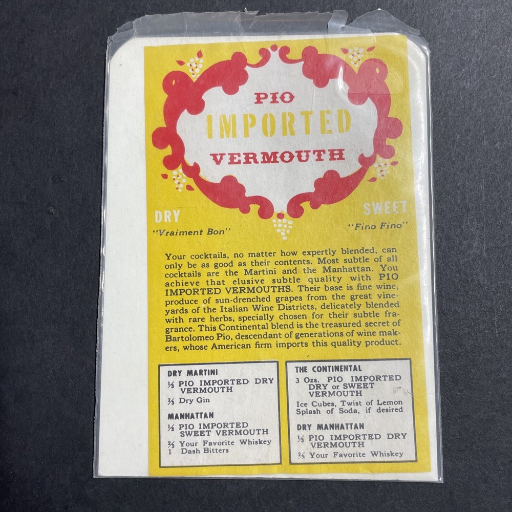 Vintage 1940s Pio Imported Vermouth UNUSED Paper Label Italy w/ Recipes Q1946