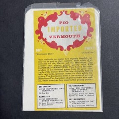Vintage 1940s Pio Imported Vermouth UNUSED Paper Label Italy w/ Recipes Q1946