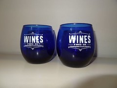 2 COBALT BLUE COLLECTIBLE GLASSES FROM WINES OF WINTER 2016 OKLAHOMA