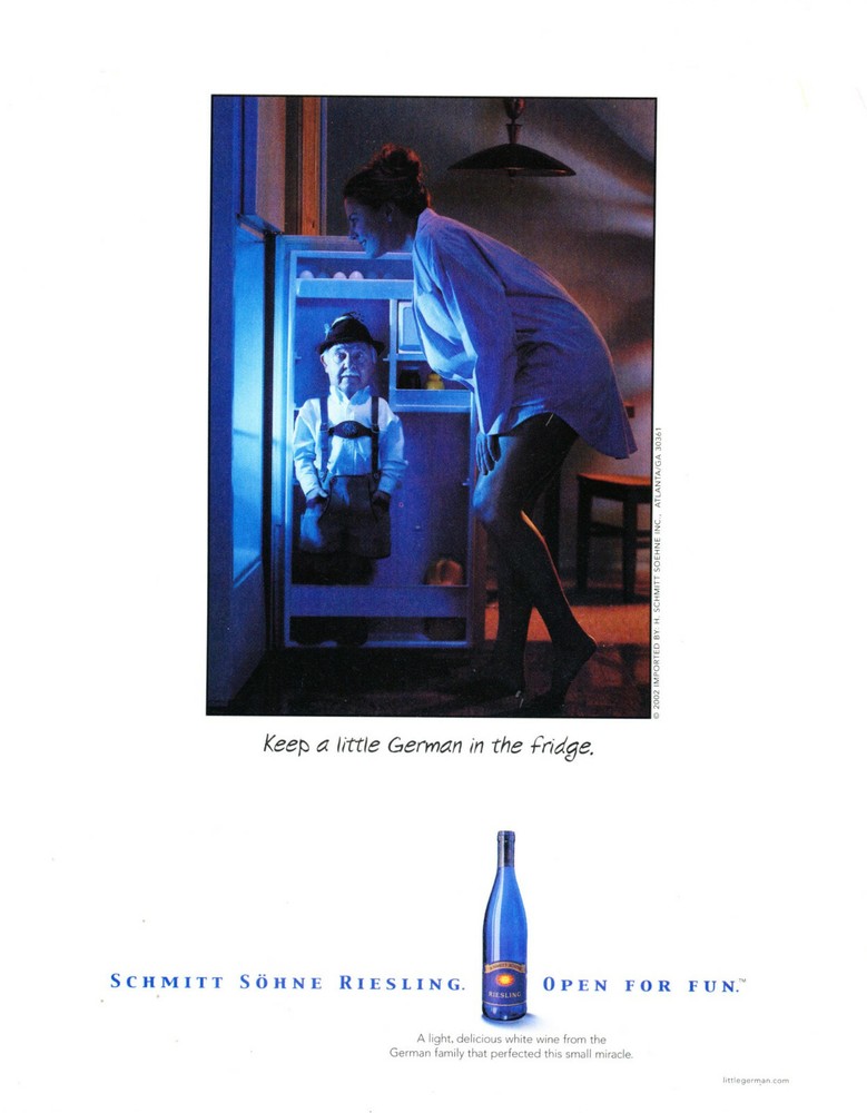 SCHMITT SOHNE WINE AD #4 RARE 2002 OOP « KEEP A LITTLE GERMAN IN THE FRIDGE »