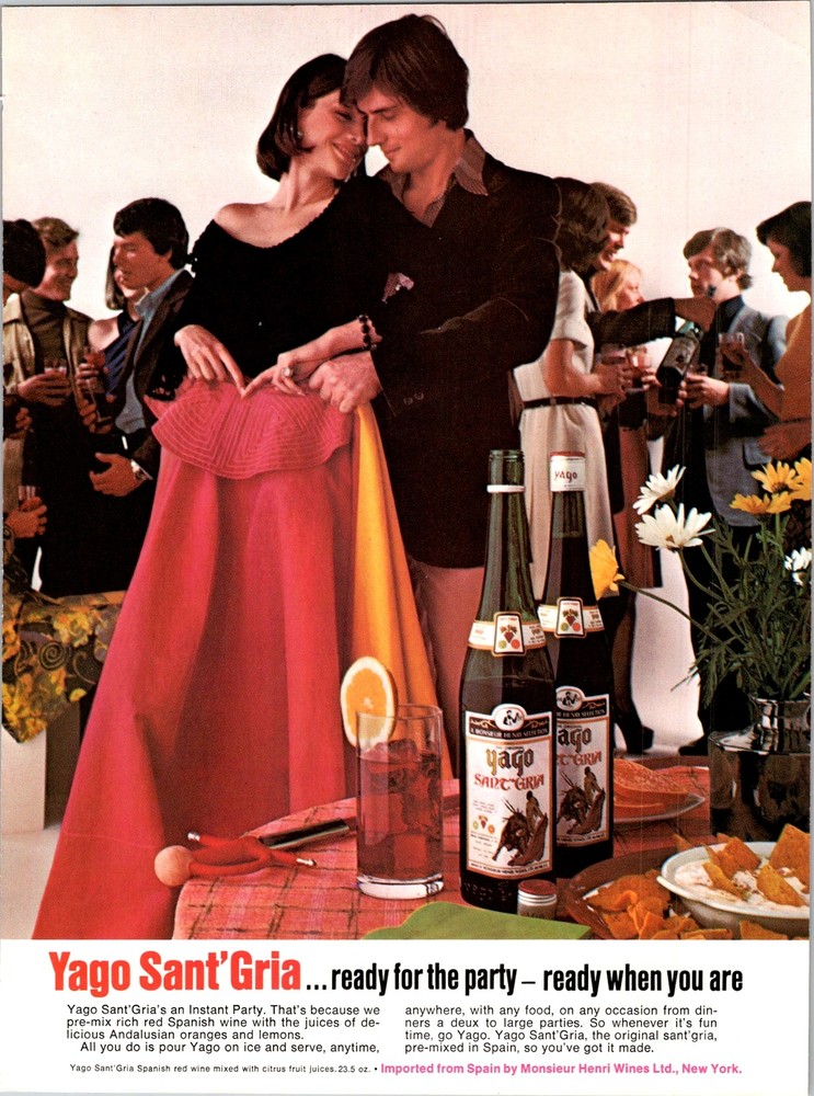 1973 VINTAGE 8X11 PRINT Ad FOR YAGO SANT&rsquo;GRIA PARTY WINE SPAIN COUPLE RED DRESS
